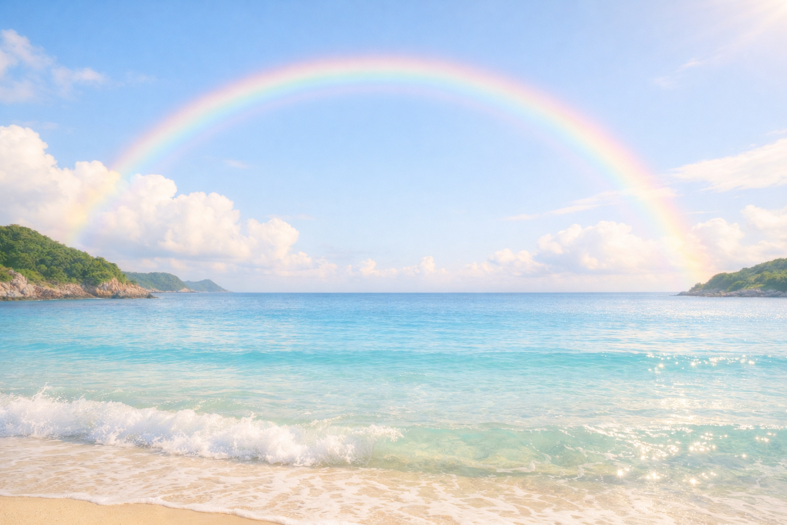 朝の海にうかぶ大きな虹