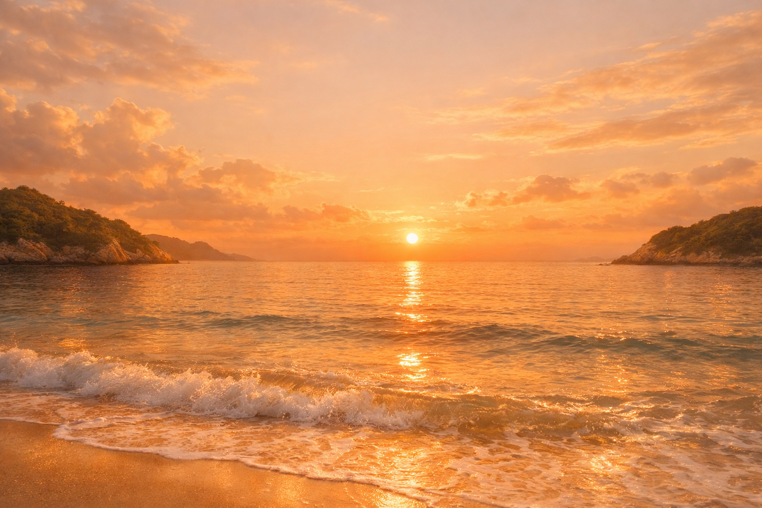 オレンジ色の夕焼けが海を優しく包み込むイメージ