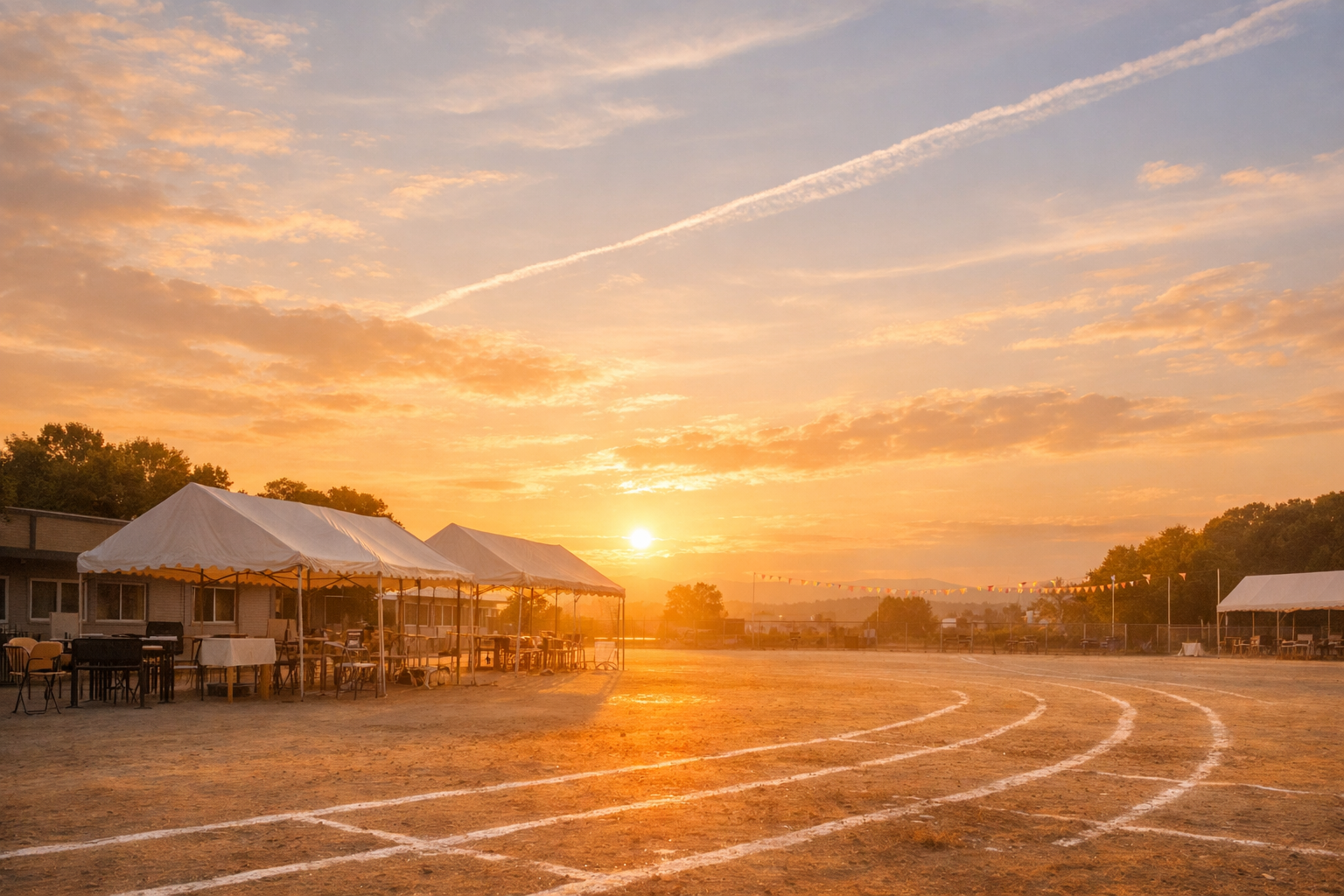 運動会が終わった後の景色。夕日が差し込むグランドに人がいなくなった後のテントだけが残っている。