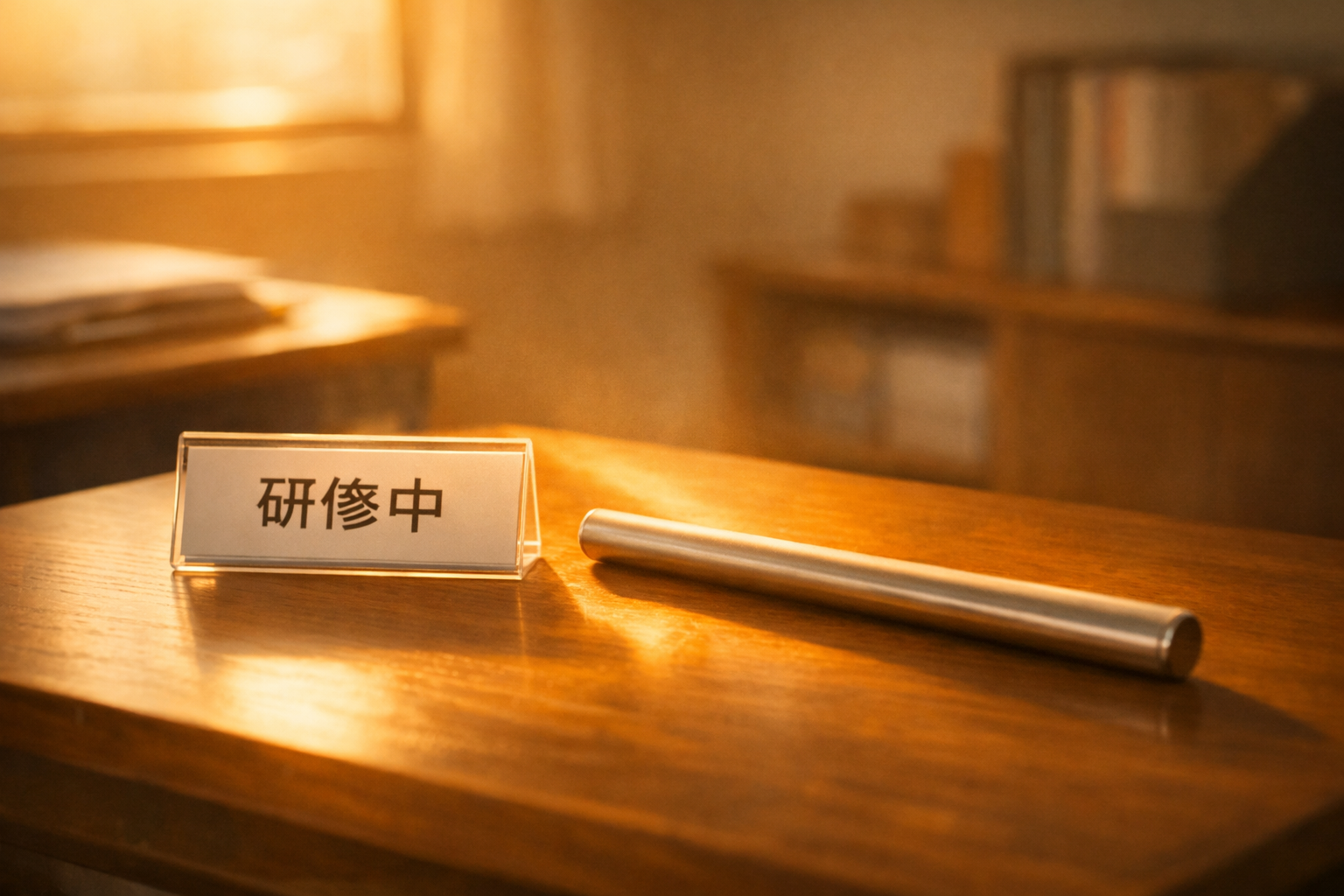 机の上に、研修中という名札とそれを受け継ぐバトンがおかれている