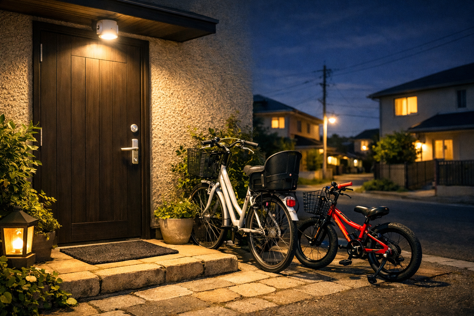 防犯センサーが玄関を明るく照らす。そこには、家族の自転車が並んでいる。