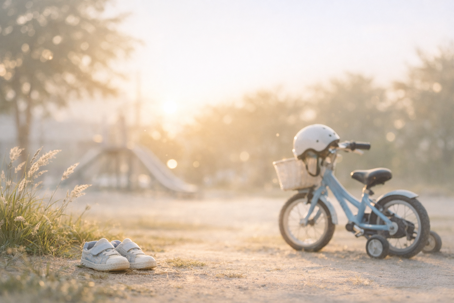 あたたかな陽ざしが包む公園で、子供の自転車と靴がおいてある。子供を見守る親の温かさを表現